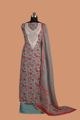 Light Steel Blue Linen Suit Set with Aari Dori Embroidered neck and White Border Lace