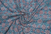 Blue pure cotton Jaipuri fabric with beautiful blue pink floral block print design