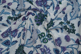 White blue pure cotton Jaipuri fabric with beautiful blue green floral block print design