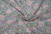 Blue pink pure cotton Jaipuri fabric with beautiful pink floral block print design