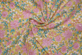 Yellow pure cotton Jaipuri fabric with beautiful pink floral block print design