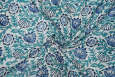 White pure cotton Jaipuri fabric with beautiful shades of blue floral block print design