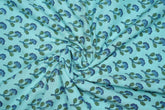 Teal pure cotton Jaipuri fabric with beautiful blue and green floral block print design