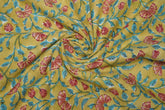 Yellow pure cotton Jaipuri fabric with beautiful red orange floral block print design