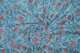 Sky blue pure cotton Jaipuri fabric with beautiful pink floral block print design