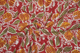 Red pure cotton Jaipuri fabric with beautiful orange floral block print design