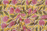 Yellow pure cotton Jaipuri fabric with beautiful pink floral block print design