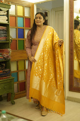 Haldi Yellow Bold Banarasi silk Golden Zari Floral Vel Pattern Dupatta