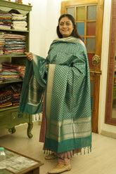Teal Bold Banarasi Silk Golden Zari Cross Checks Pattern Dupatta
