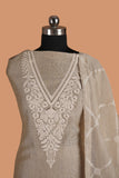 Brown Chanderi Suit Set with Aari Dori Embroidered neck and White  Border Lace