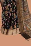 Black Hand-Painted Semi-Silk Kalamkari Saree with Golden Mangalagiri Border