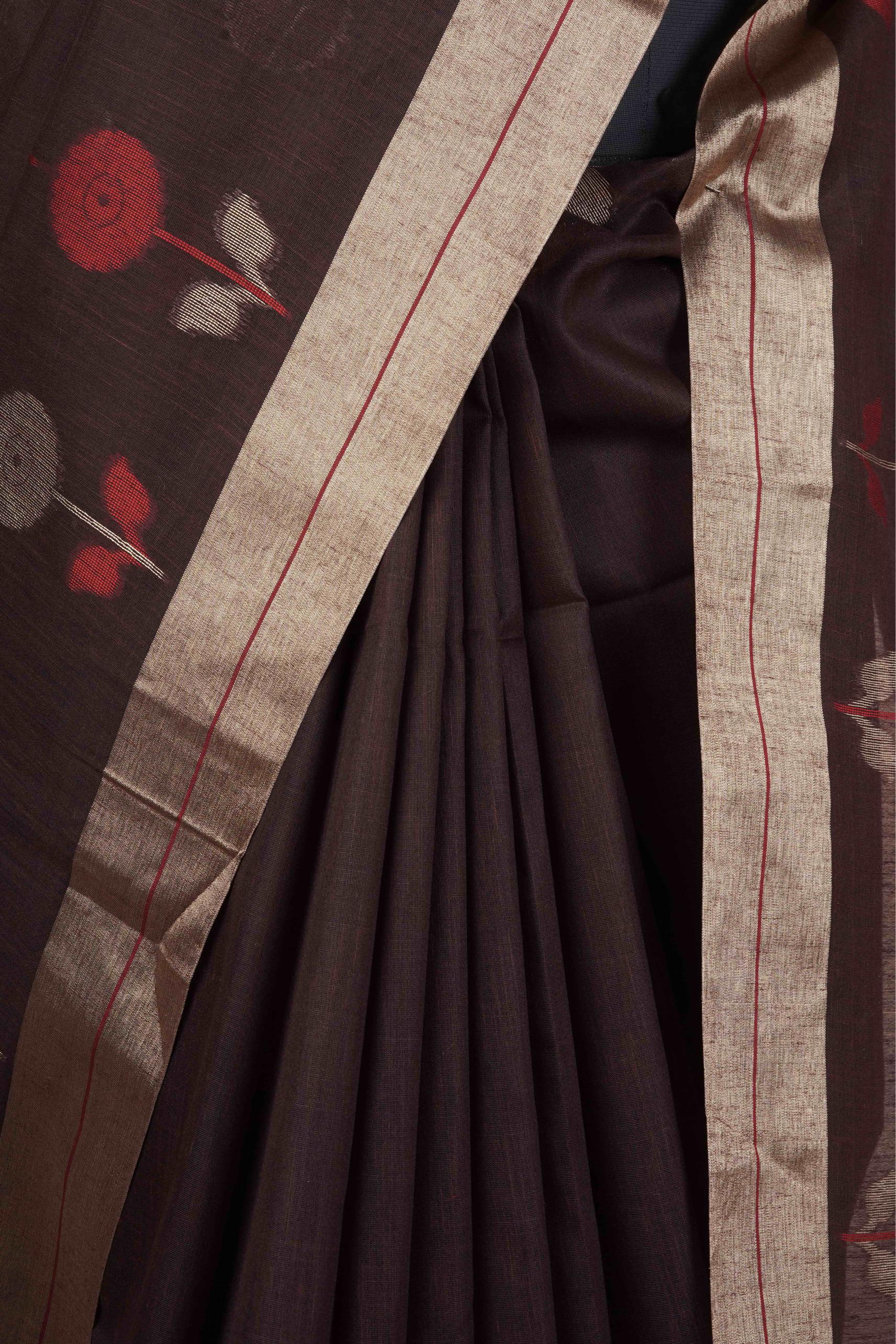 Handloom Chanderi chocolate colored saree with golden side borders