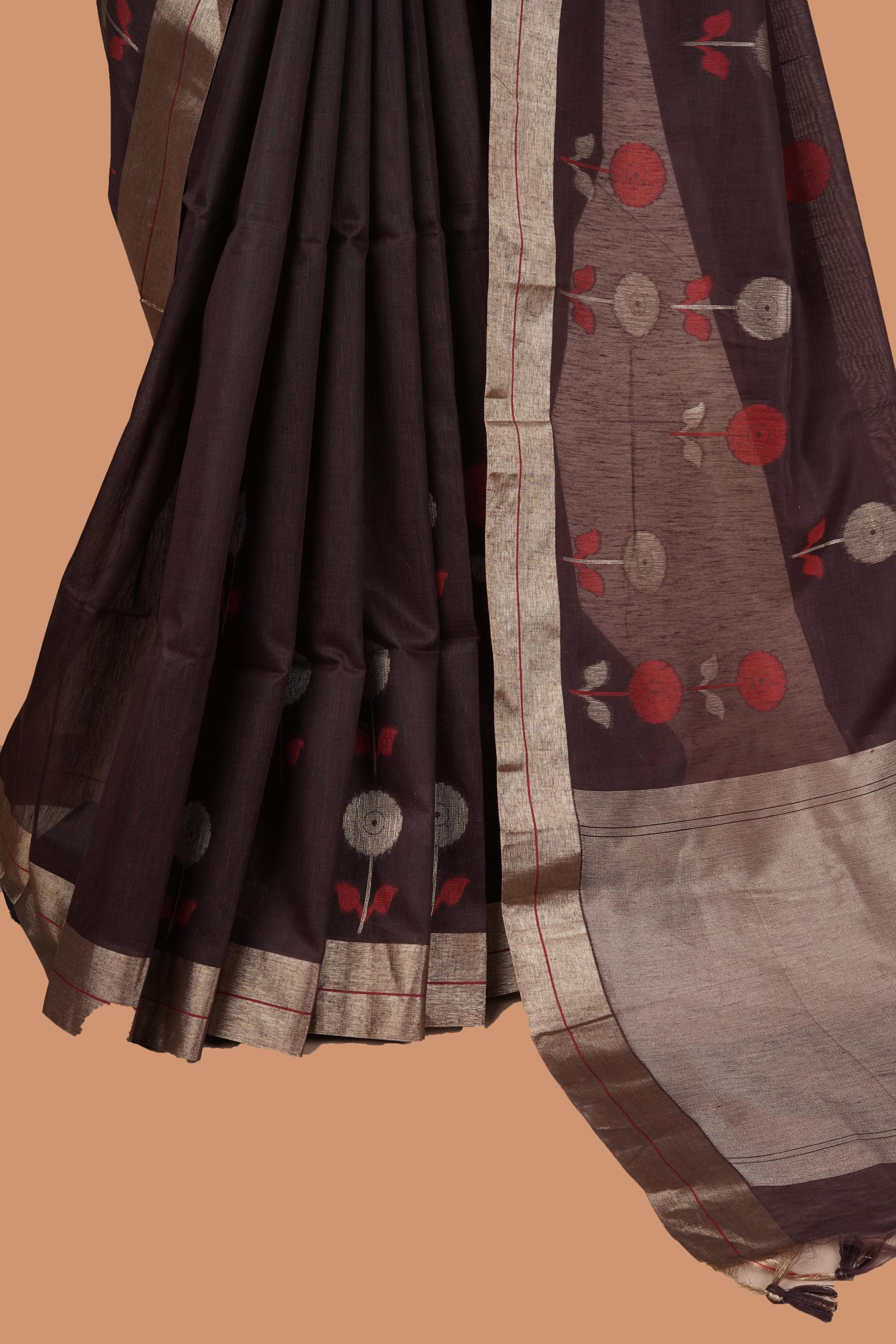 Handloom Chanderi chocolate colored saree with golden side borders