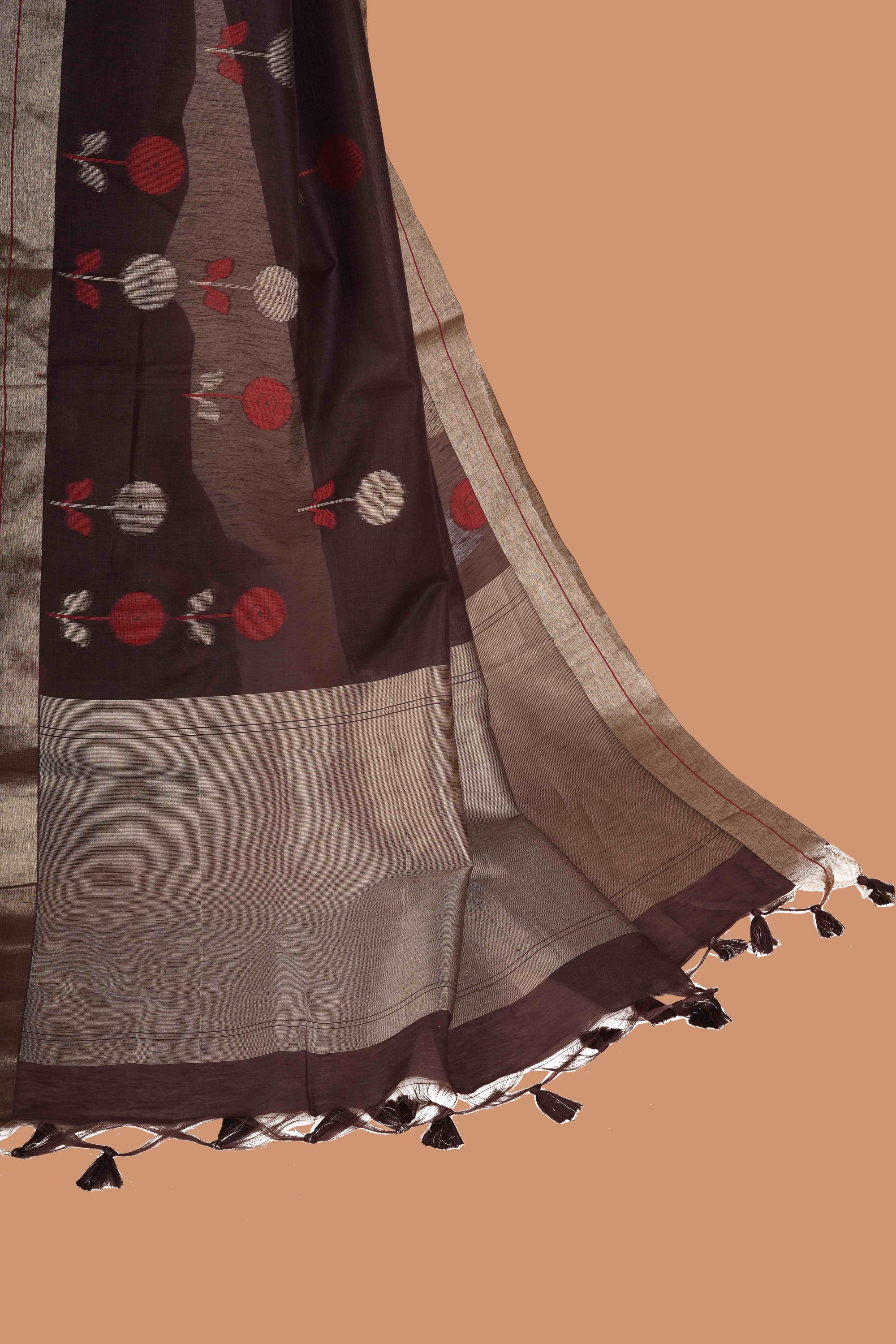 Handloom Chanderi chocolate colored saree with golden side borders