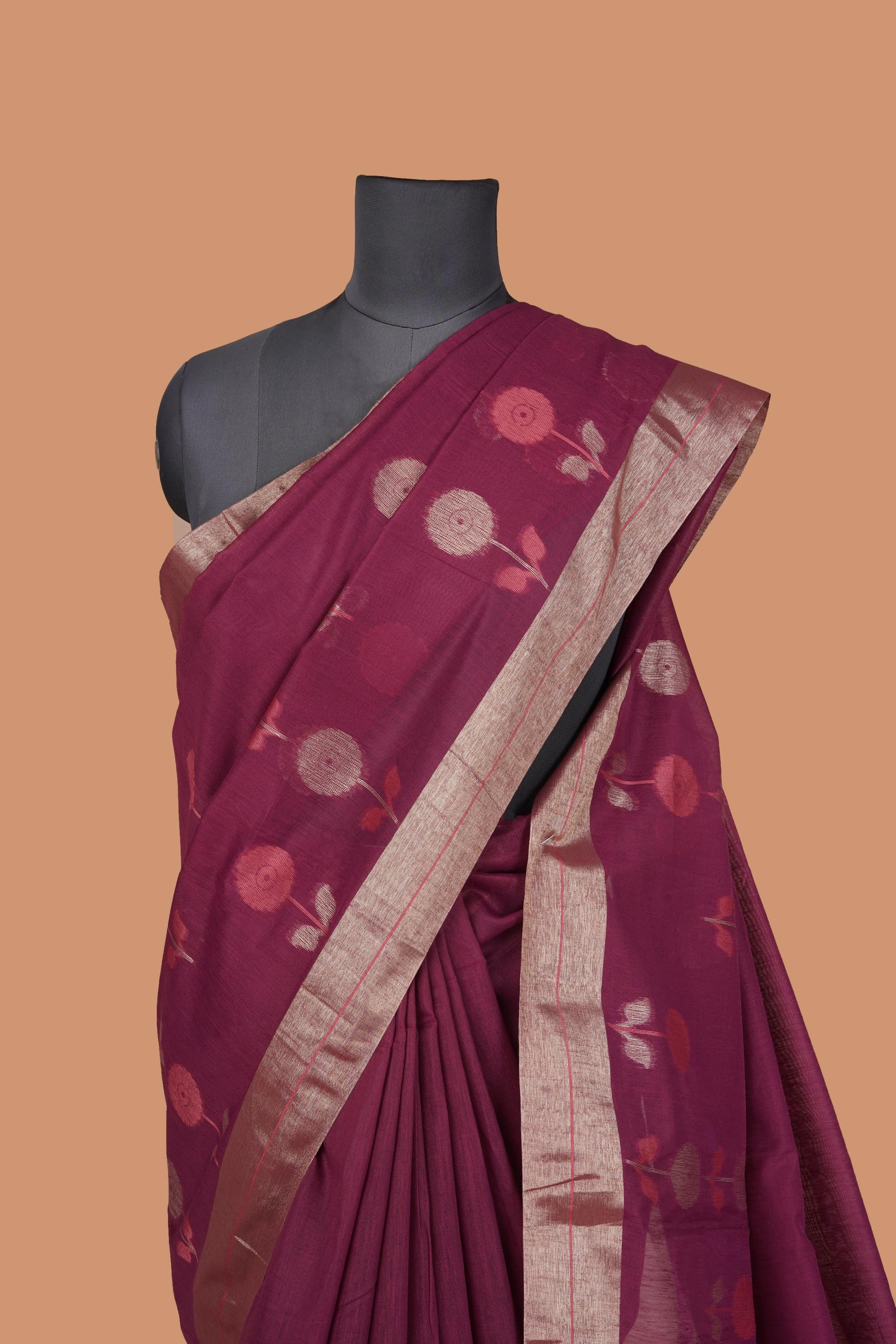 Handloom Chanderi wine colored saree with golden side borders