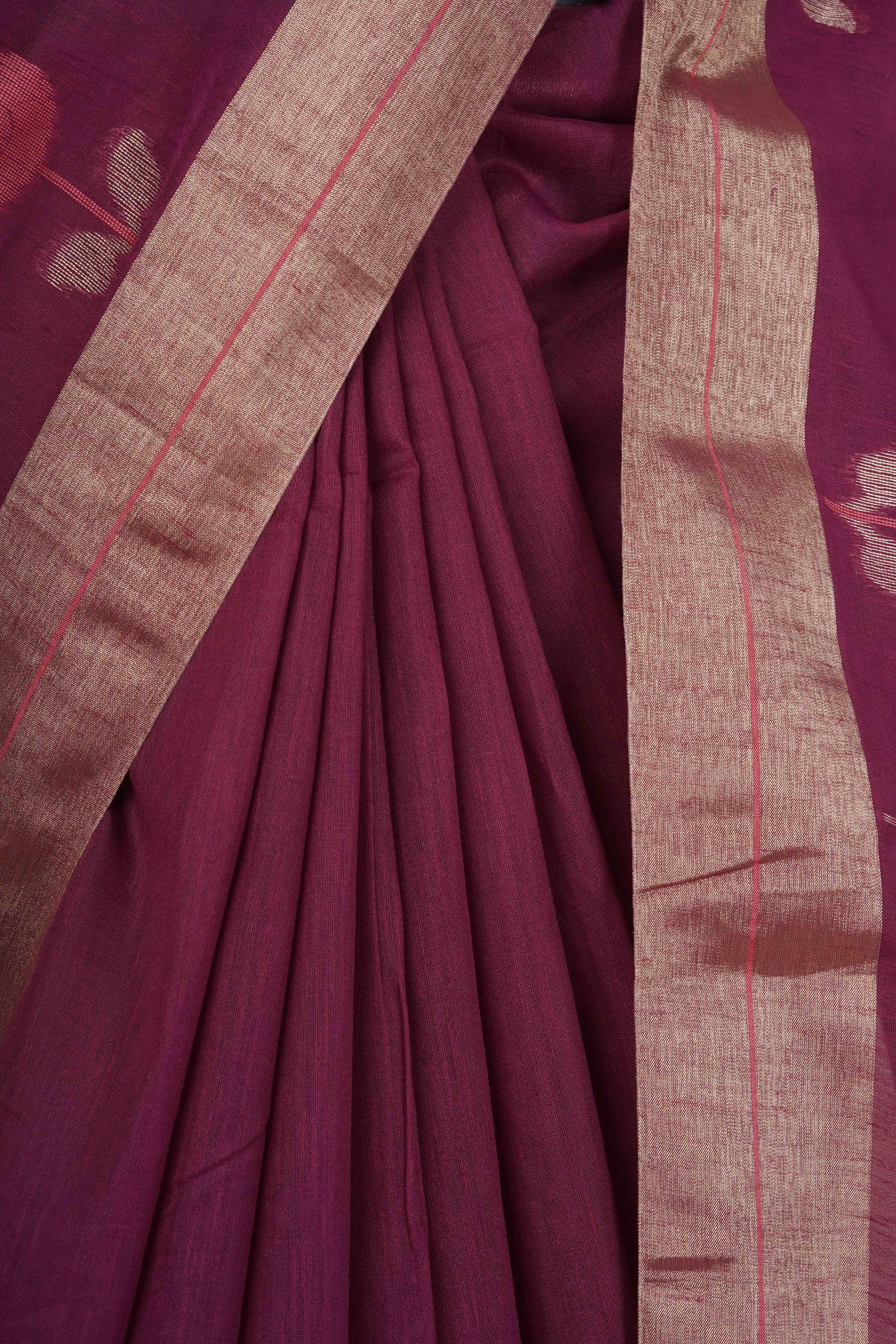Handloom Chanderi wine colored saree with golden side borders