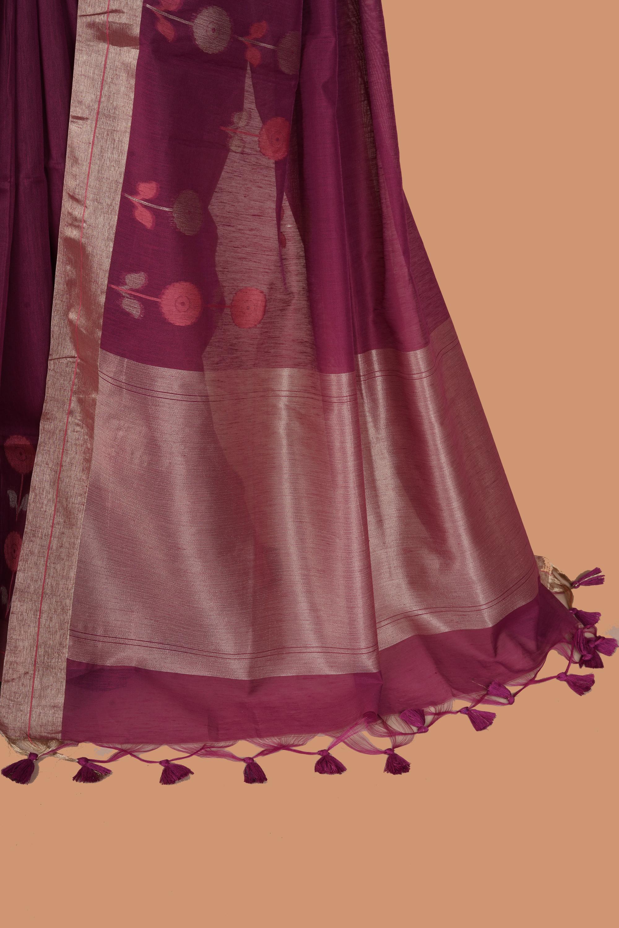 Handloom Chanderi wine colored saree with golden side borders