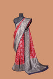 Red and Blue Royal Banarasi Silk Saree with Silver Zari Work on Pallu and Border