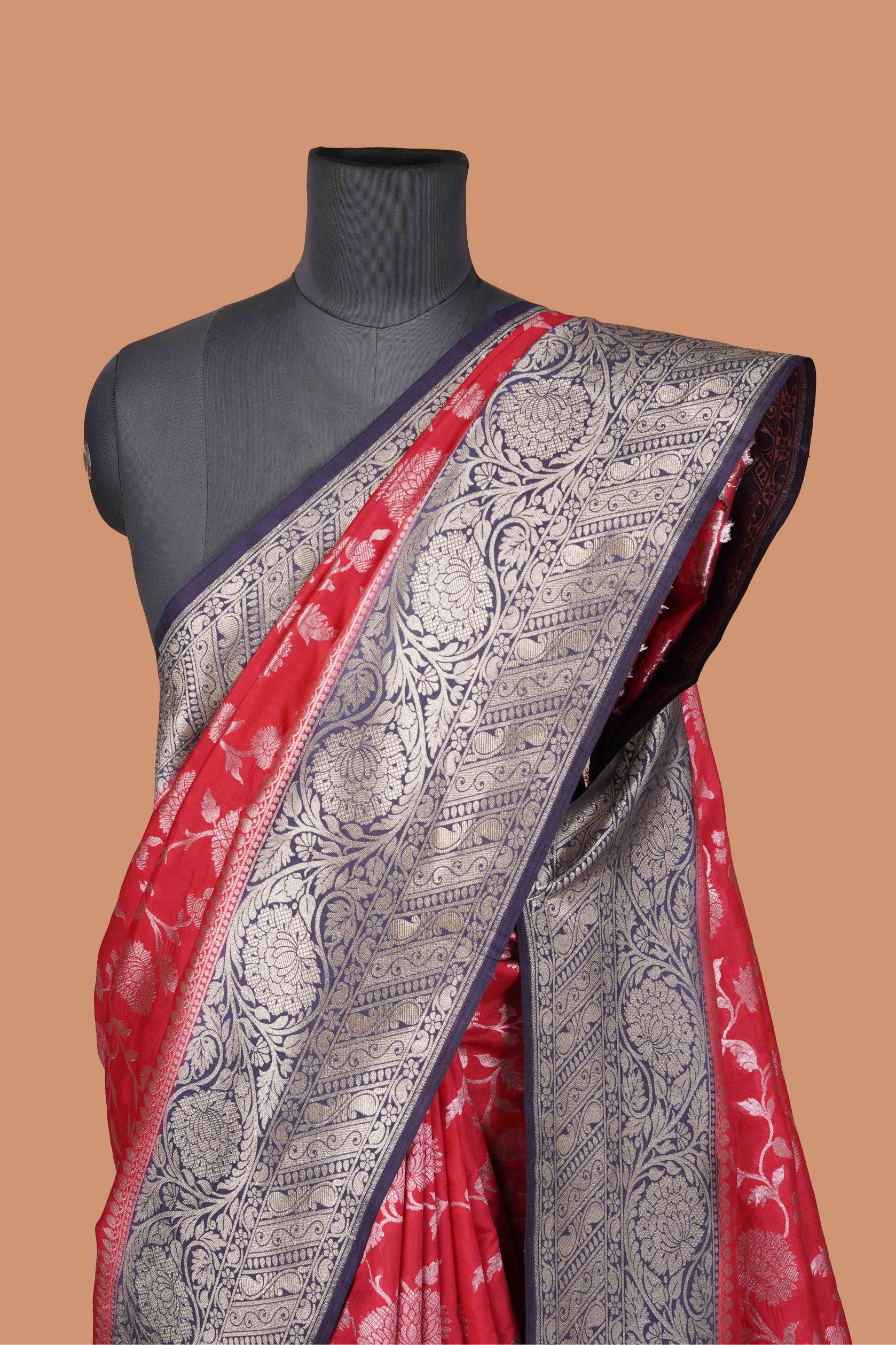 Red and Blue Royal Banarasi Silk Saree with Silver Zari Work on Pallu and Border