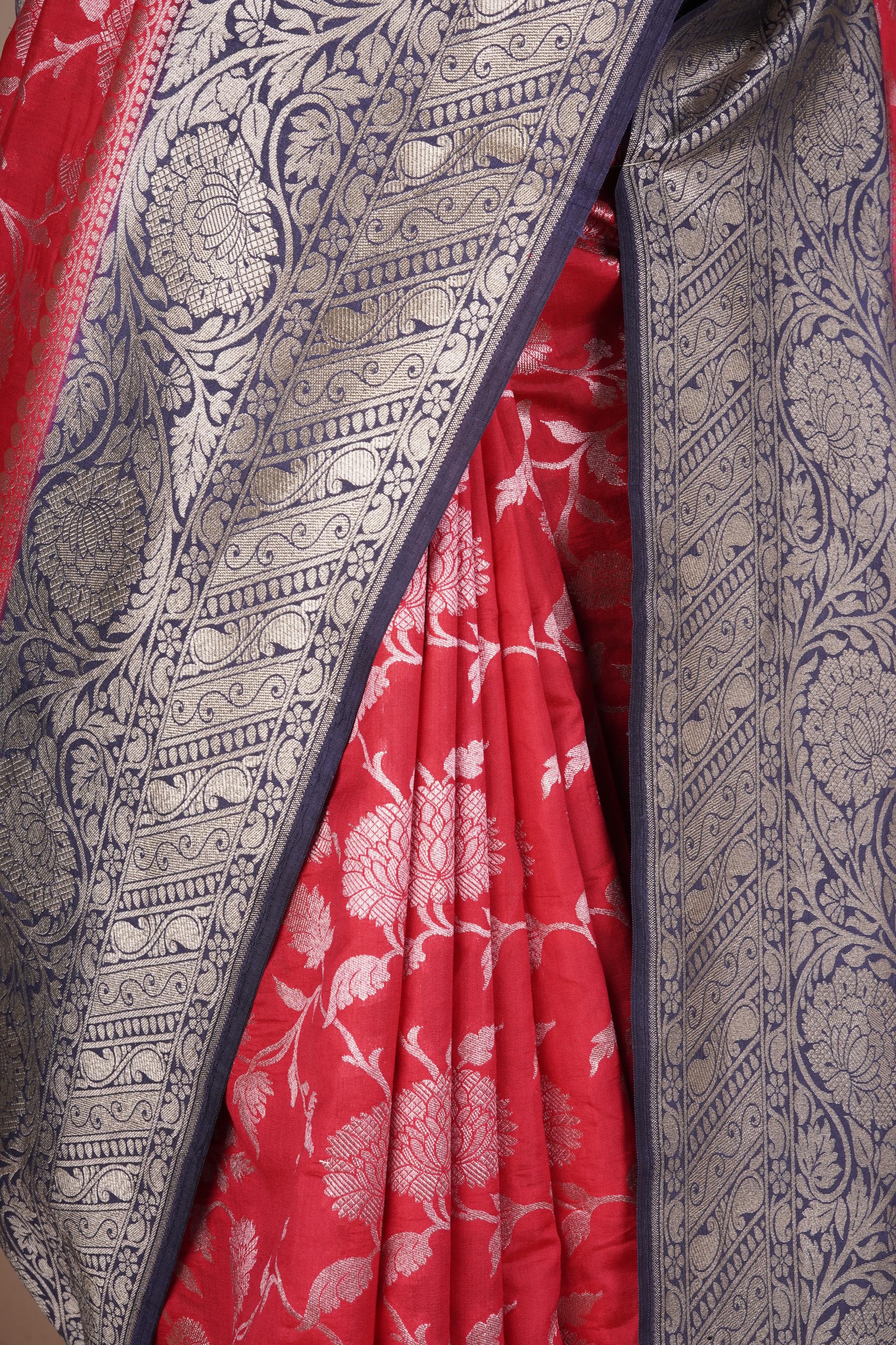Red and Blue Royal Banarasi Silk Saree with Silver Zari Work on Pallu and Border