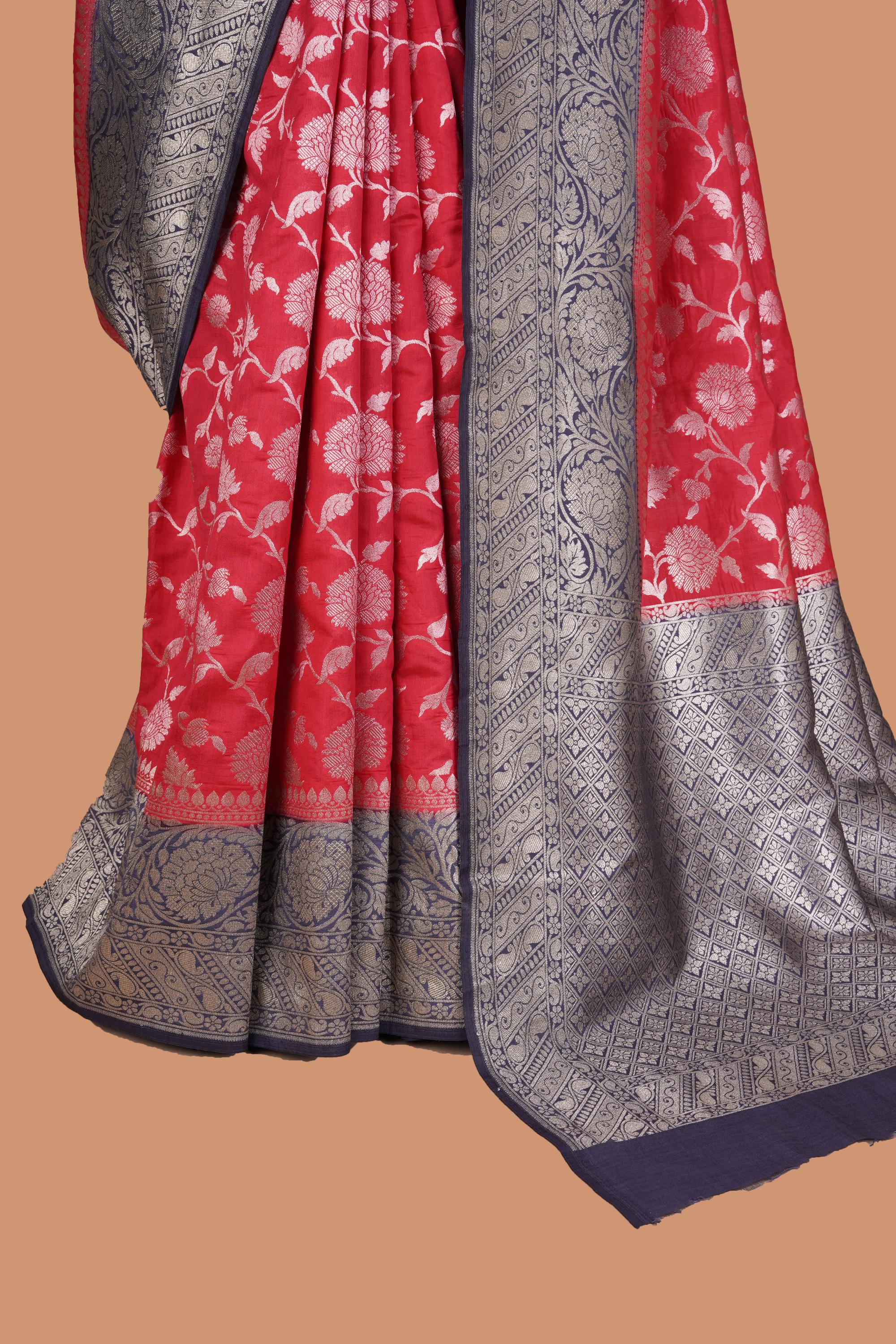 Red and Blue Royal Banarasi Silk Saree with Silver Zari Work on Pallu and Border