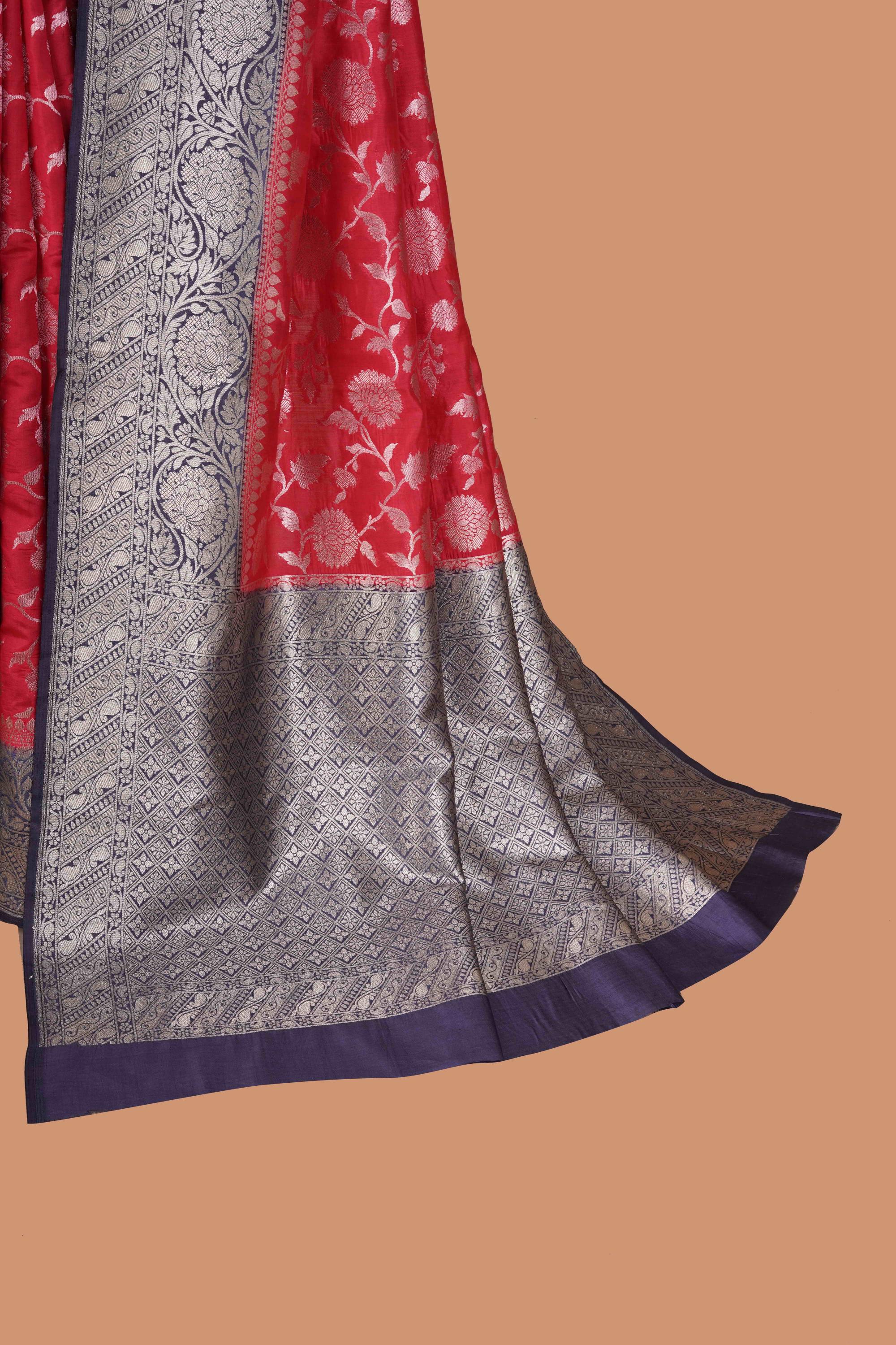 Red and Blue Royal Banarasi Silk Saree with Silver Zari Work on Pallu and Border