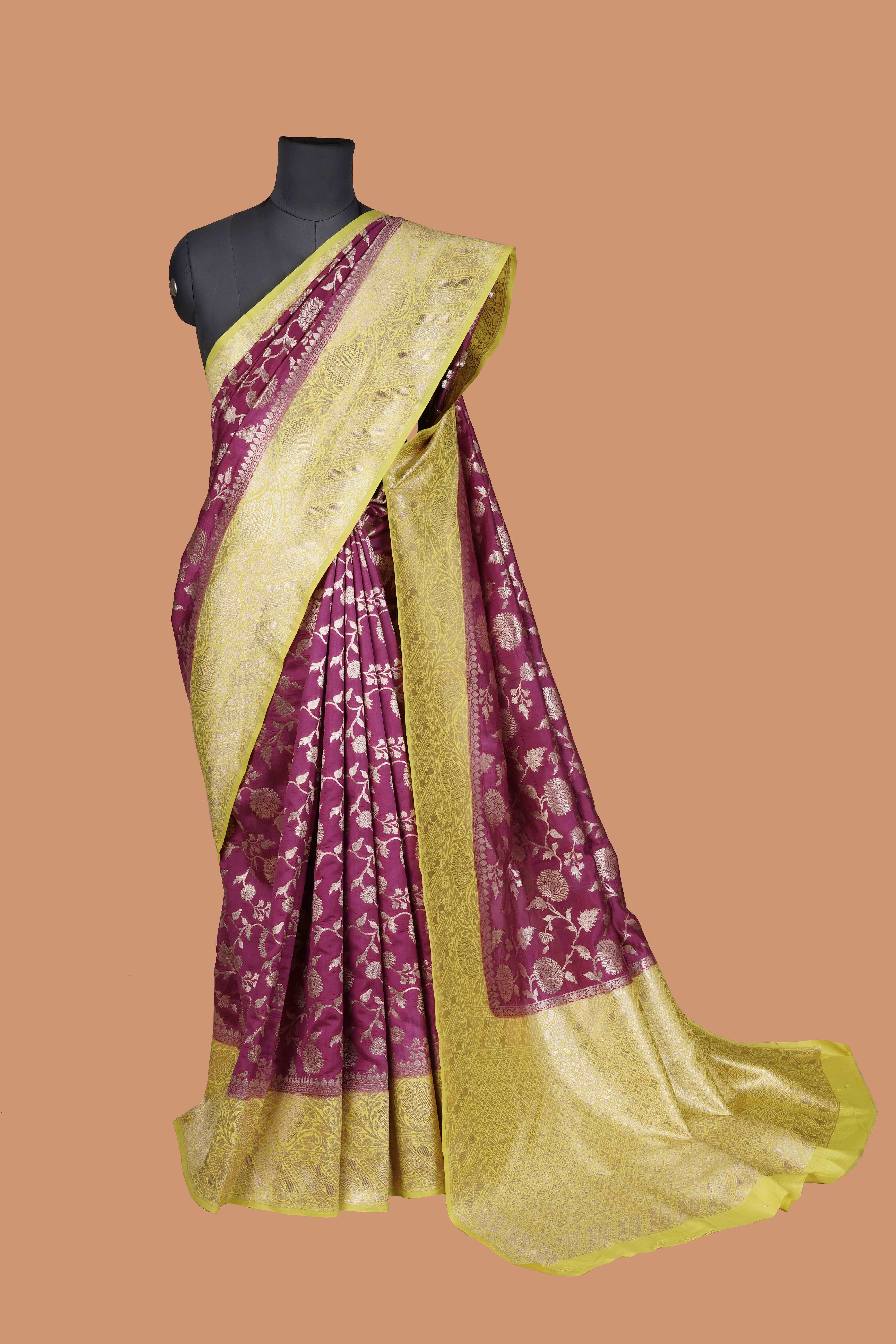 Lemon Yellow and Purple Royal Banarasi Silk Saree with Silver Zari Work on Pallu and Border