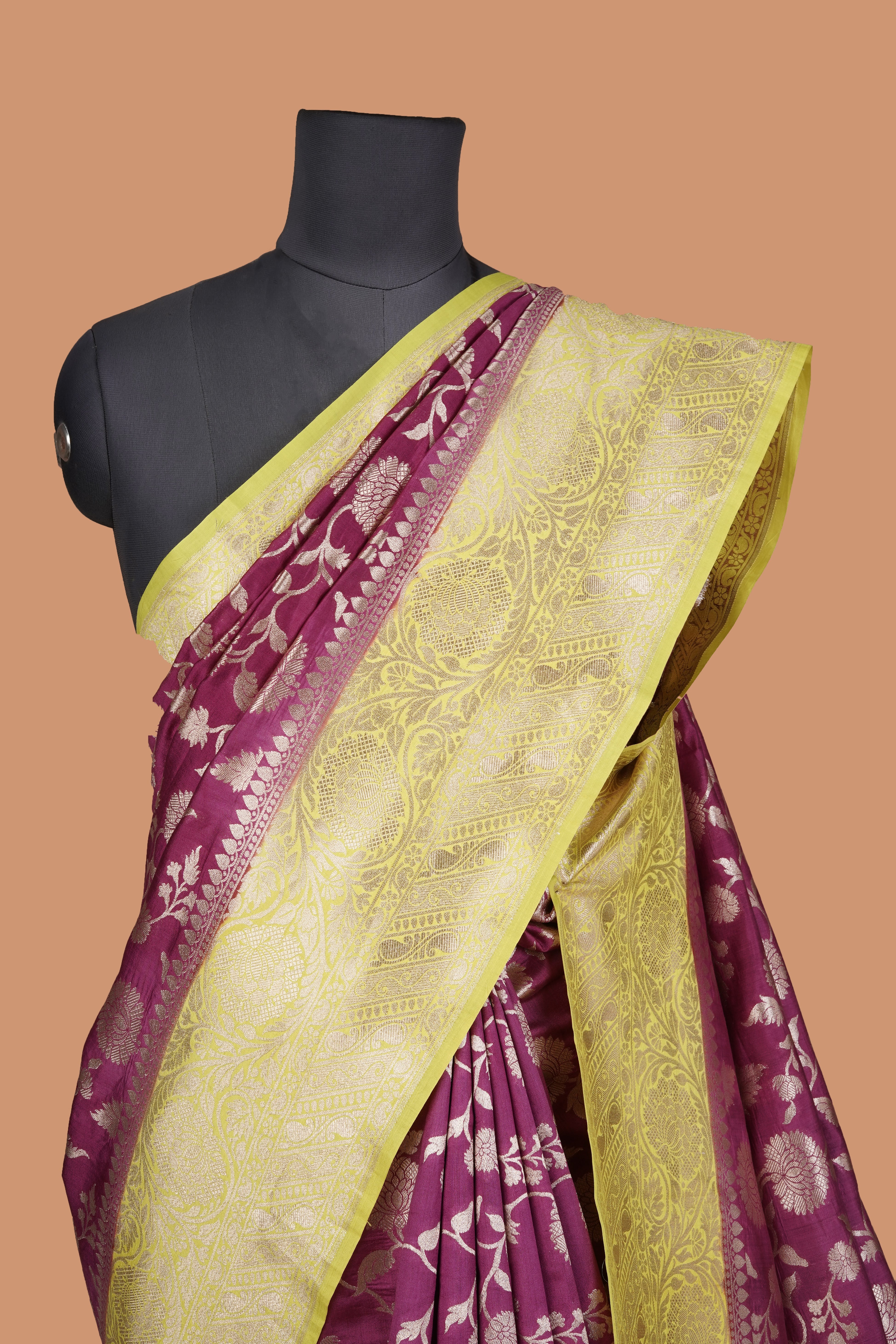 Lemon Yellow and Purple Royal Banarasi Silk Saree with Silver Zari Work on Pallu and Border