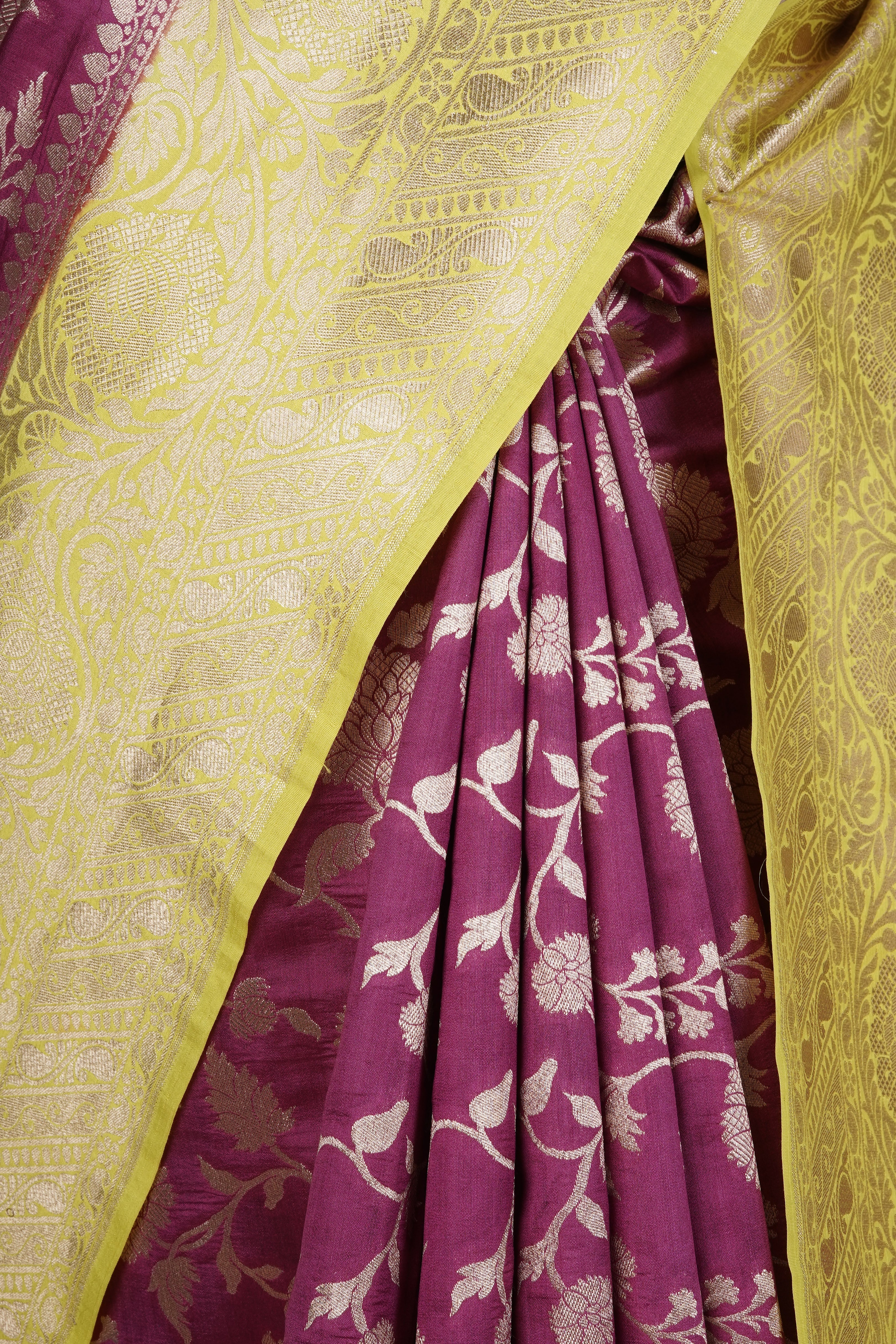 Lemon Yellow and Purple Royal Banarasi Silk Saree with Silver Zari Work on Pallu and Border