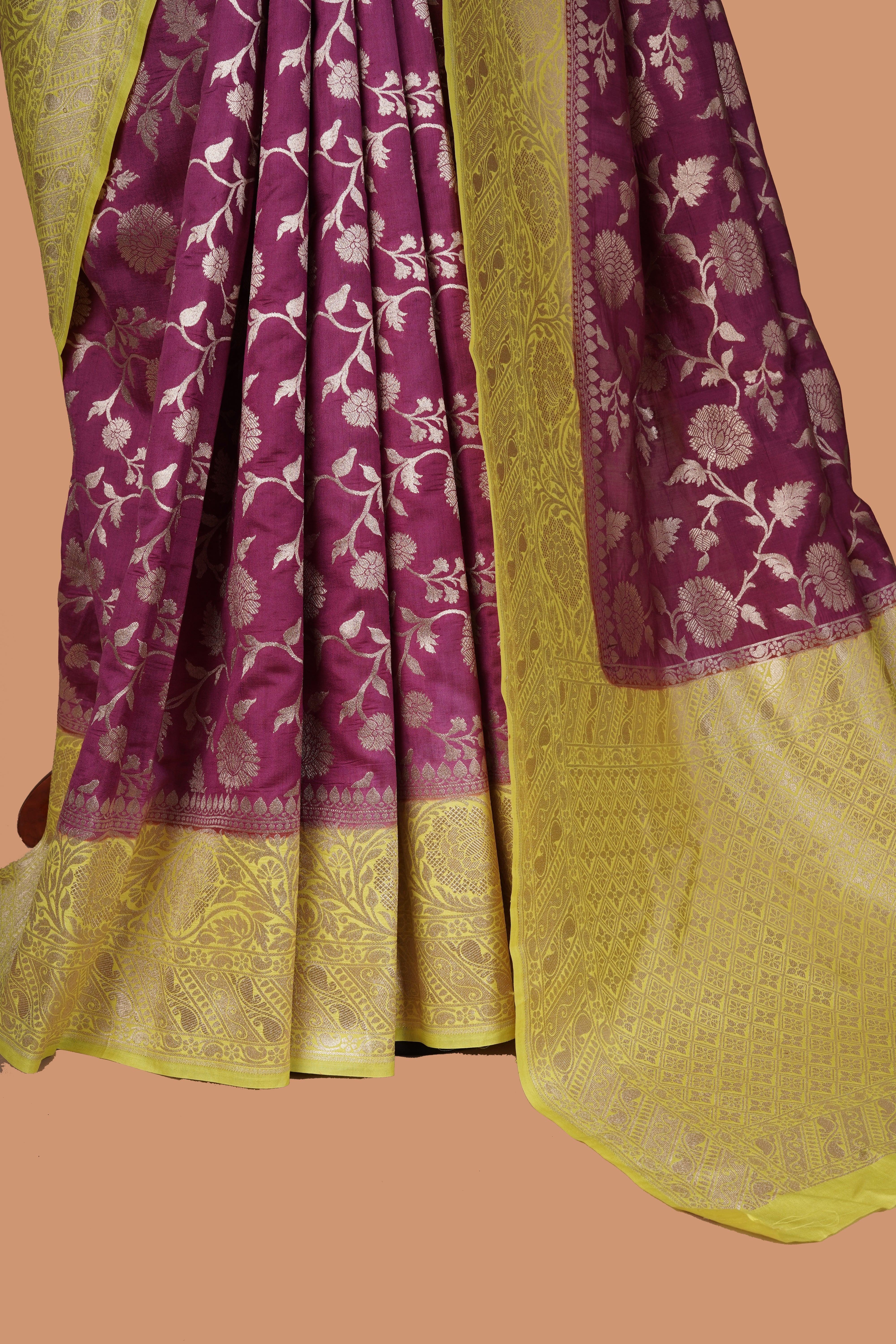 Lemon Yellow and Purple Royal Banarasi Silk Saree with Silver Zari Work on Pallu and Border