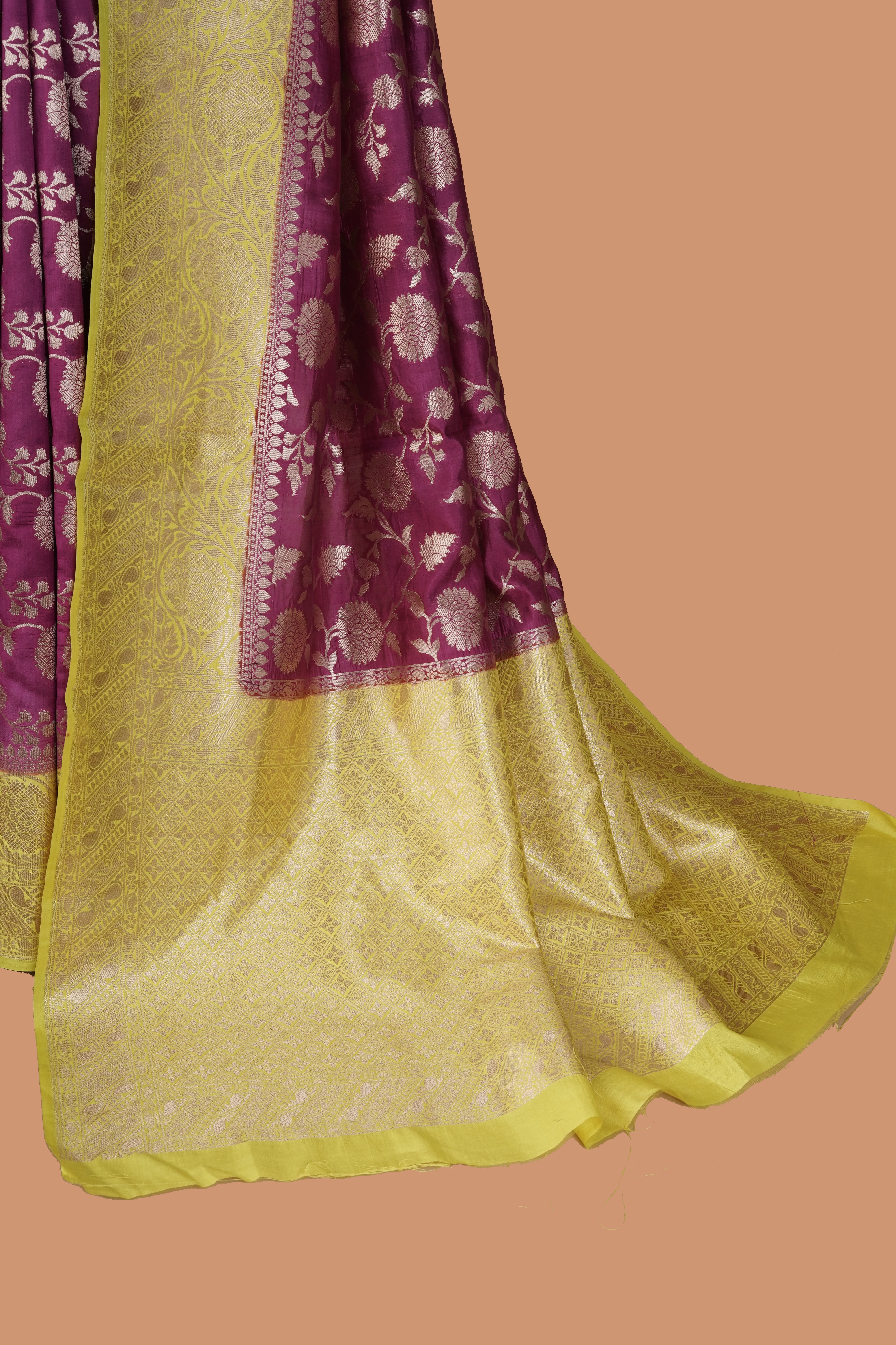 Lemon Yellow and Purple Royal Banarasi Silk Saree with Silver Zari Work on Pallu and Border
