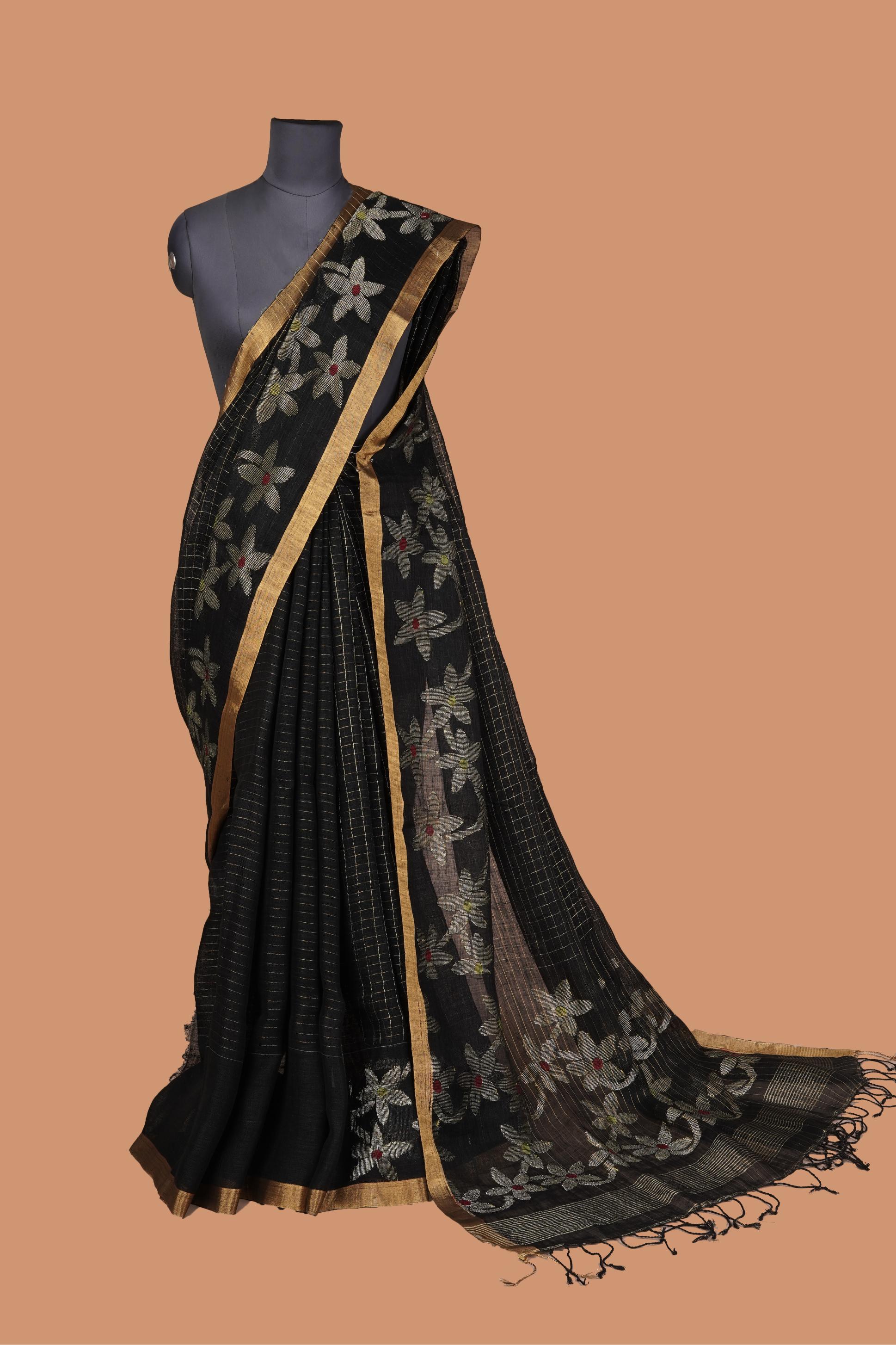 Black Linen Saree with Golden Zari