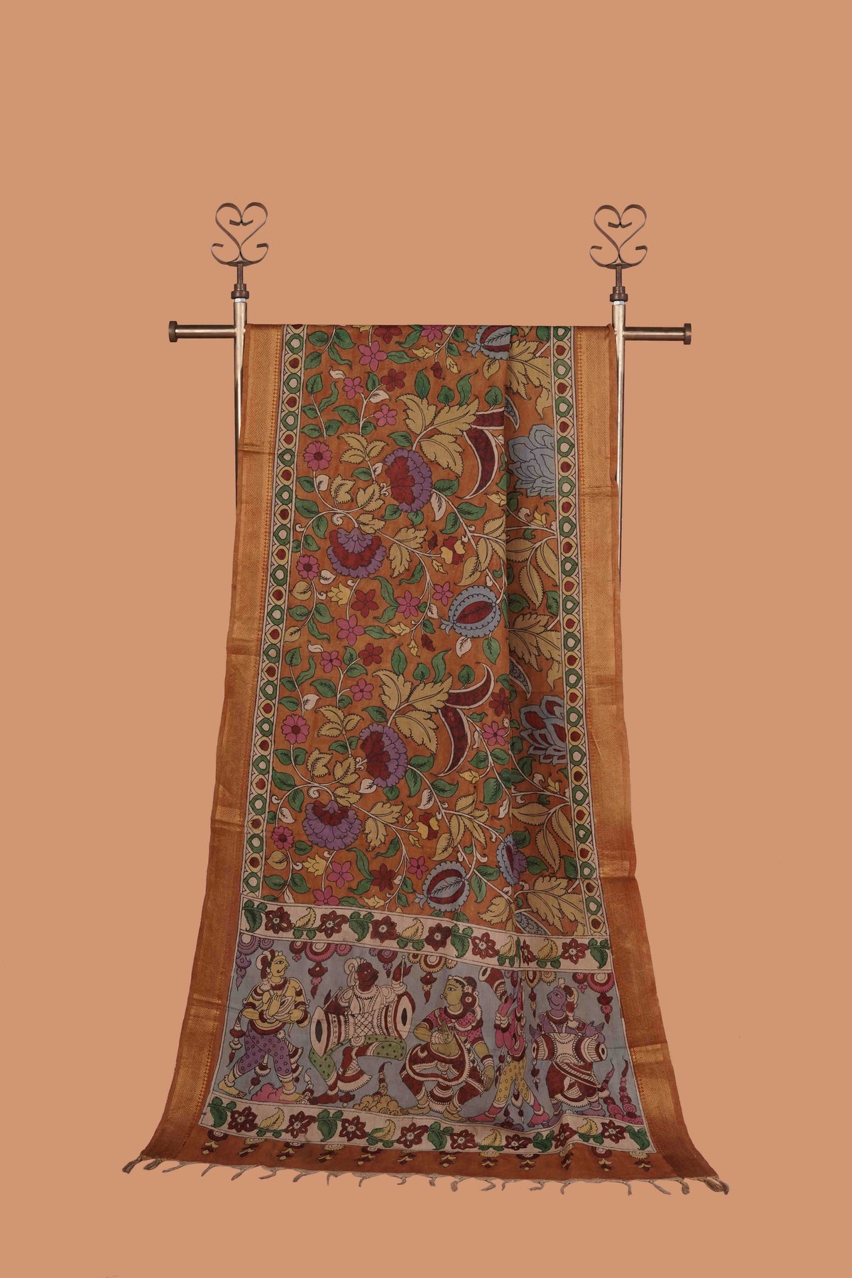 Classic Kalamkari Floral and Vajintra Mandali Hand Printed  Mangalagiri Silk Cotton Dupatta with Golden Zari Border