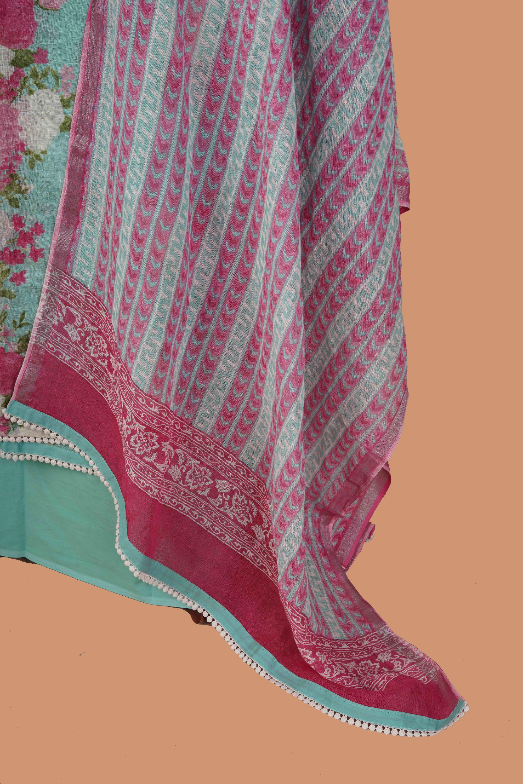 Teal Linen Suit Set  with aari dori embrodered neck and white  border lace