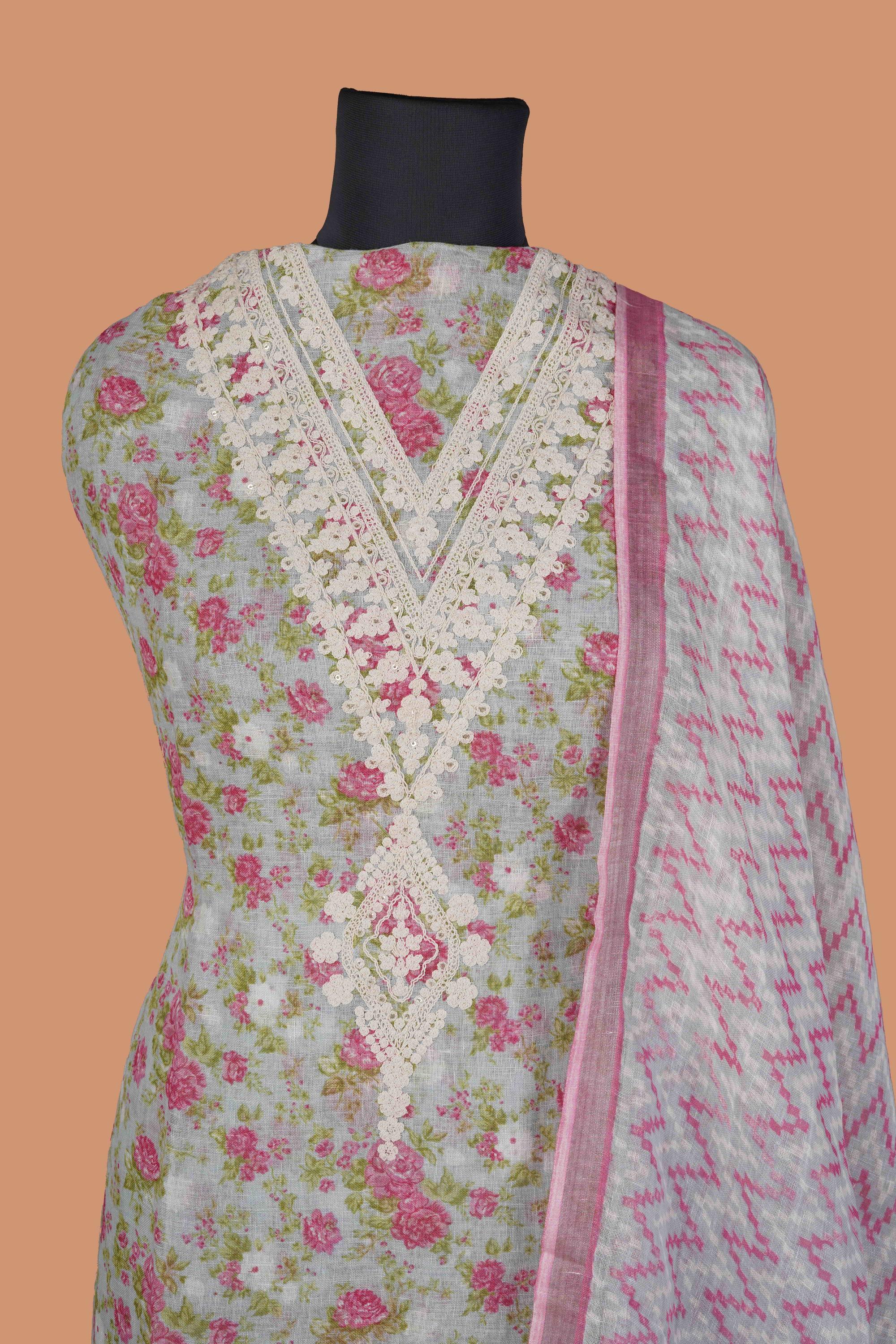Light Steel Blue Linen Suit Set with Aari Dori Embroidered neck and White Border Lace