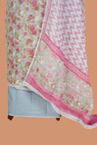 Light Steel Blue Linen Suit Set with Aari Dori Embroidered neck and White Border Lace