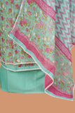 Teal Linen Linen Suit Set with Aari Dori Embroidered neck and White Border Lace