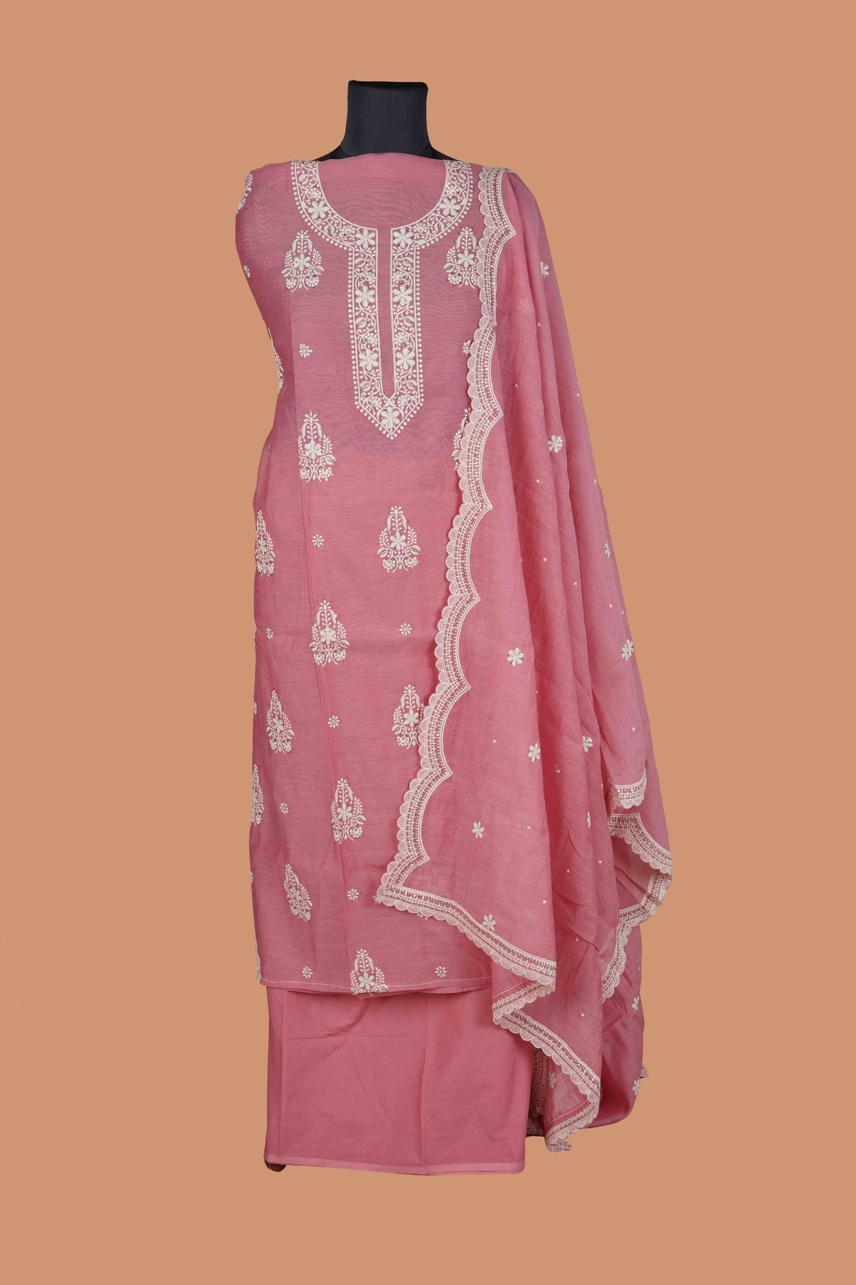 Pink Mal Chanderi Suit Set  with Lucknowi Embroidered neck and Buttas all over Suit