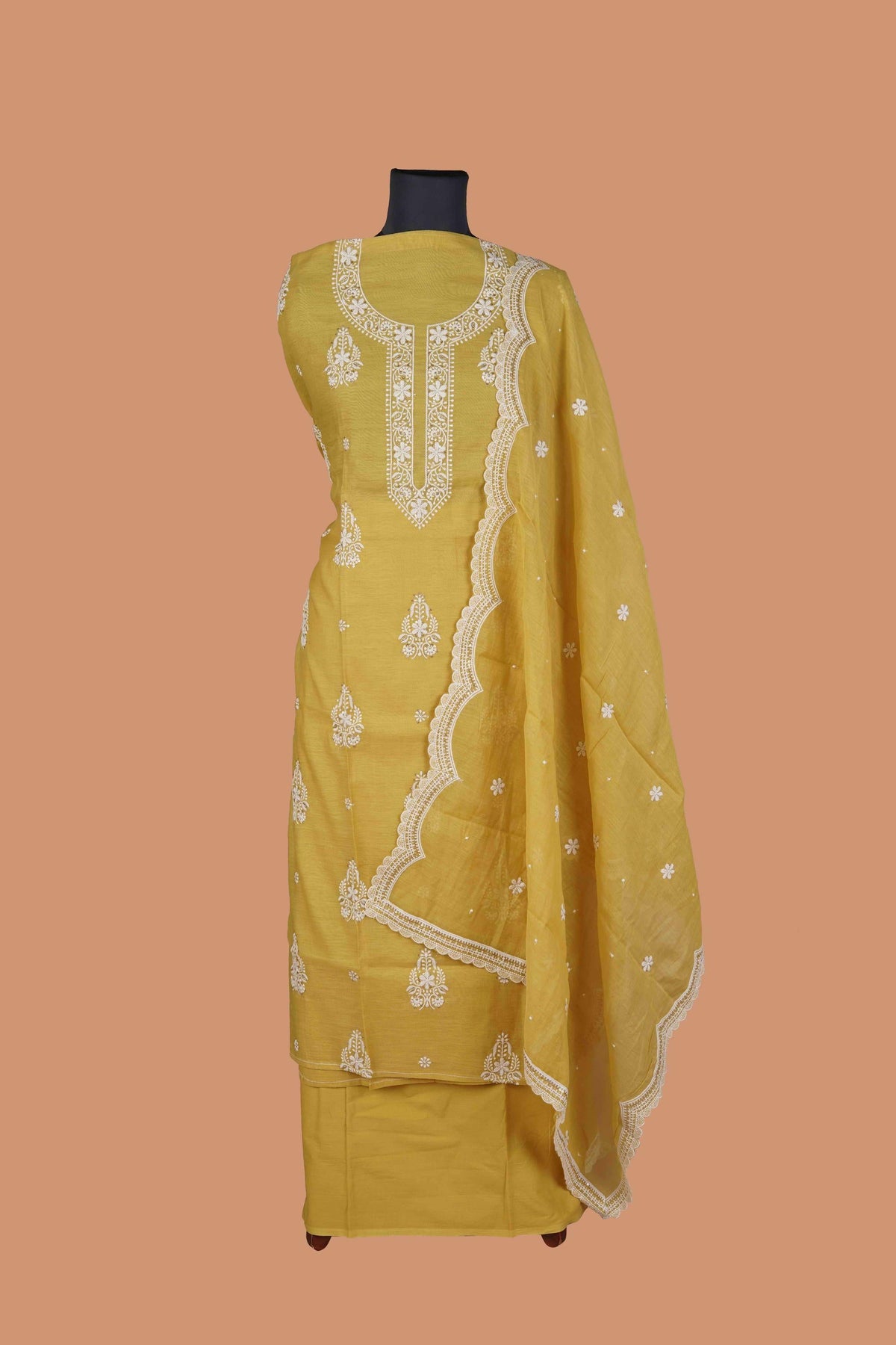 Yellow  Mal Chanderi Suit Set  with Lucknowi Embroidered neck and Buttas all over Suit