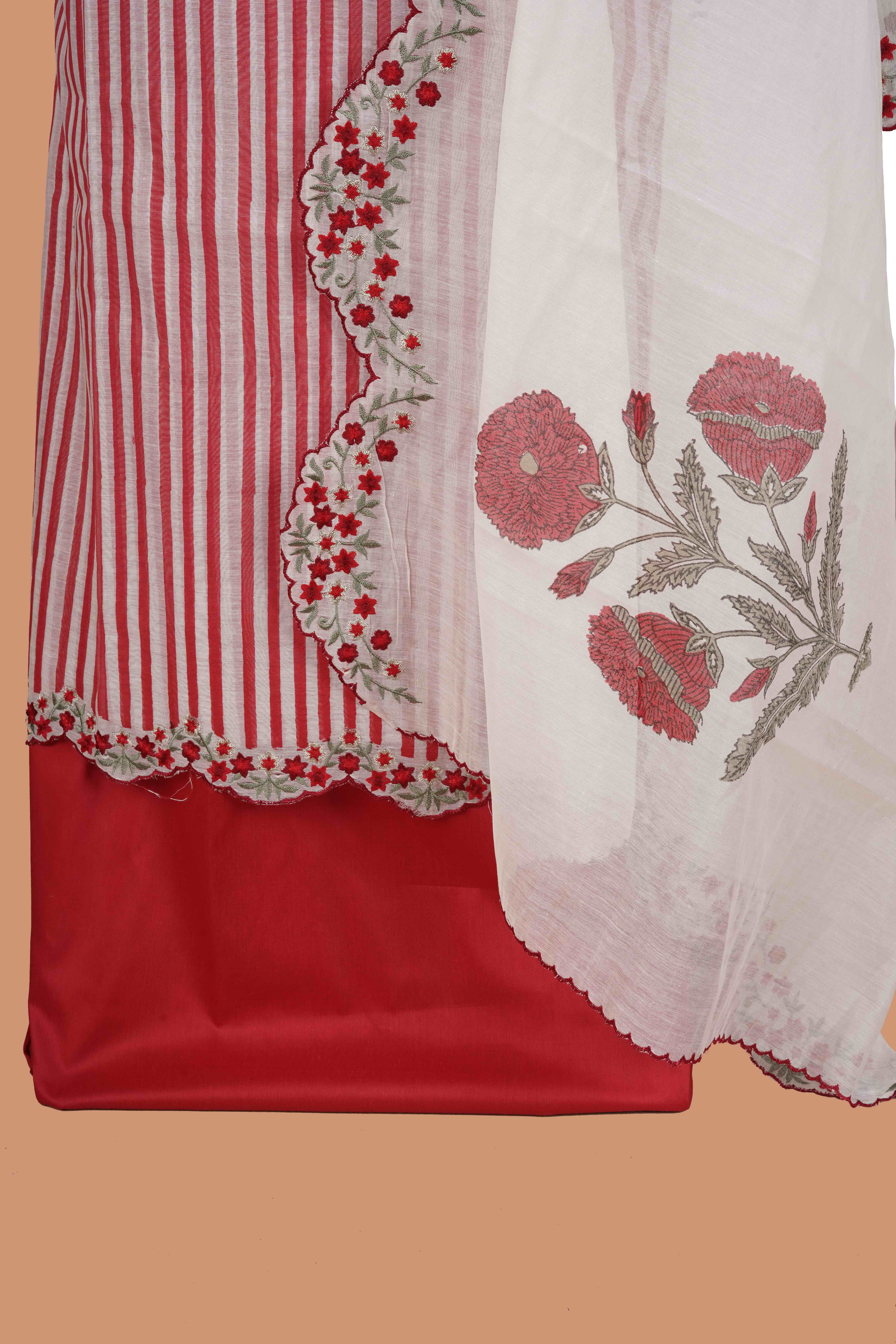 Red Chanderi Suit Set with Vertical Strips and Embroidered Bottom Line