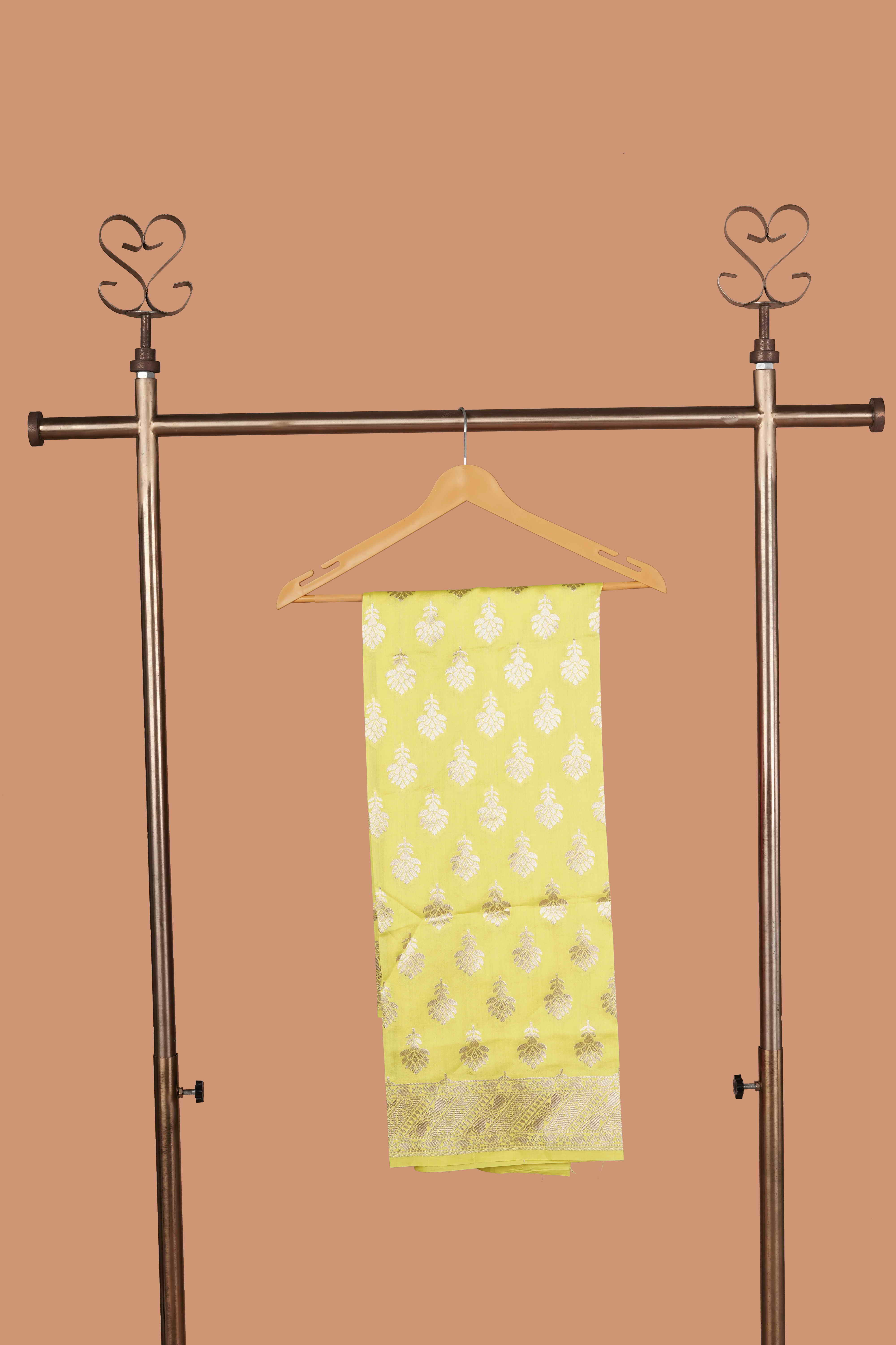 Lemon Yellow and Purple Royal Banarasi Silk Saree with Silver Zari Work on Pallu and Border