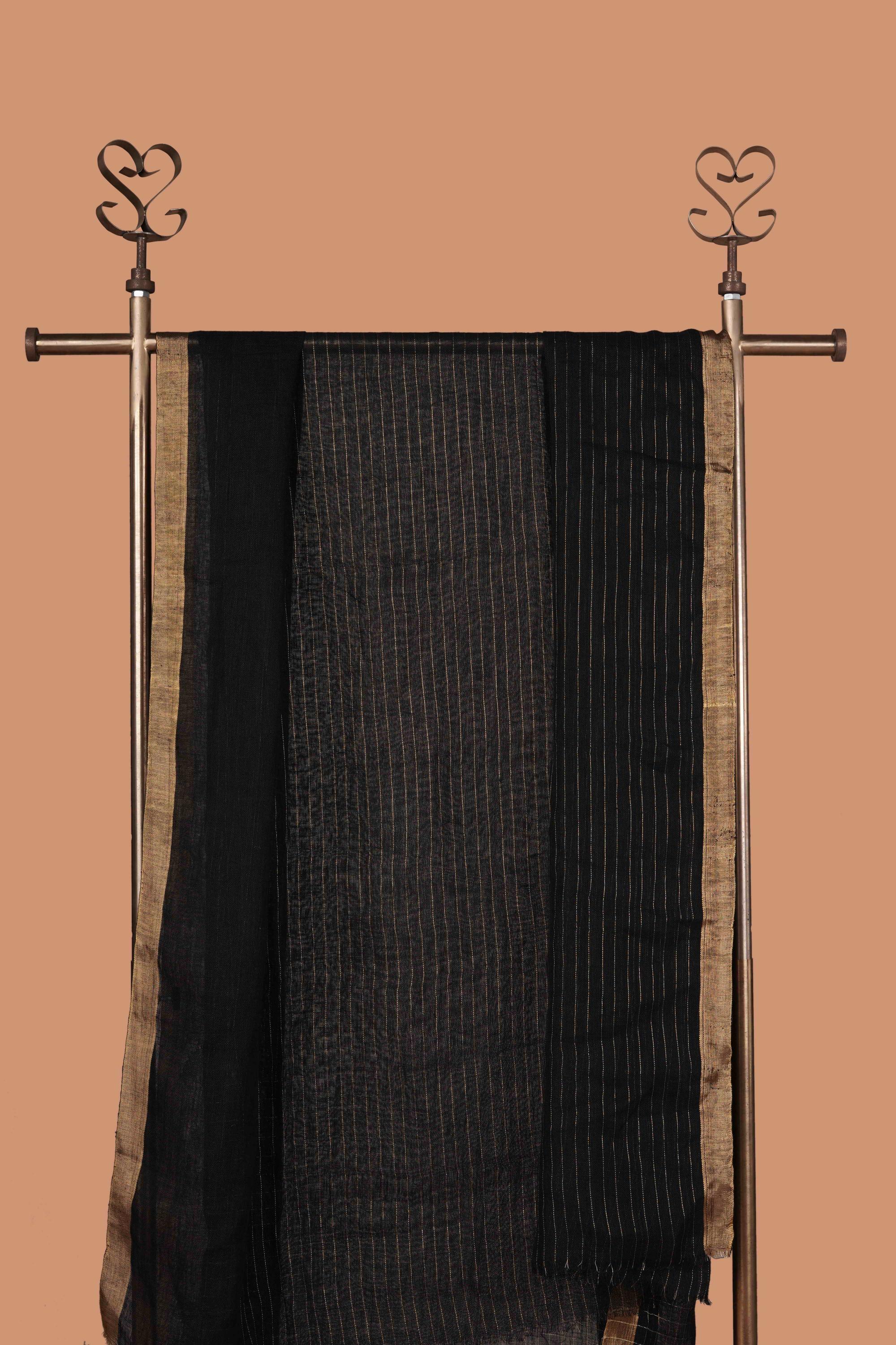 Black Linen Saree with Golden Zari