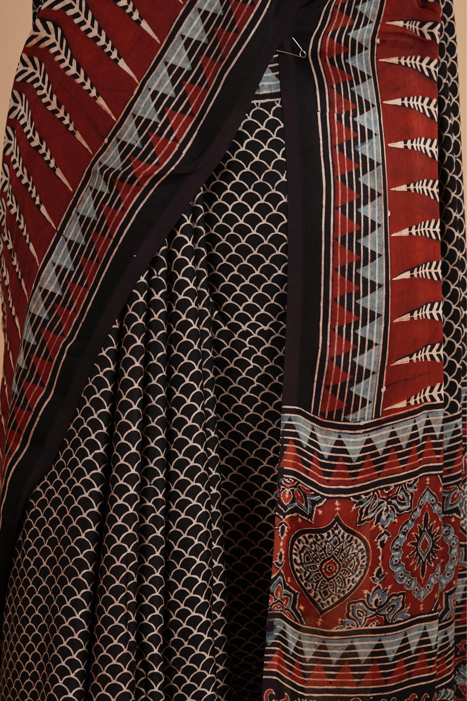 Block Printed Ajrakh Modal Silk Saree