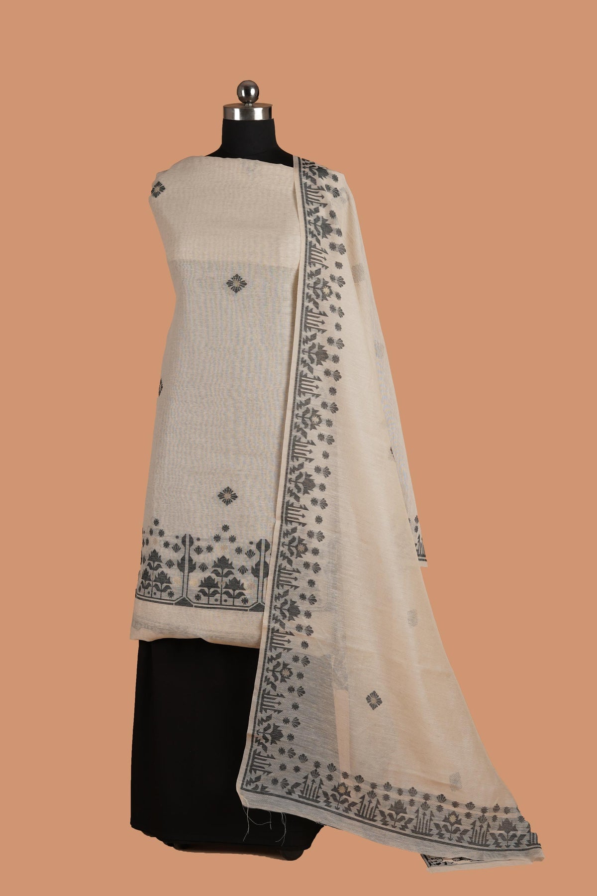 White Maheshwari Cotton with Black Jamdani Woven  Suit Set