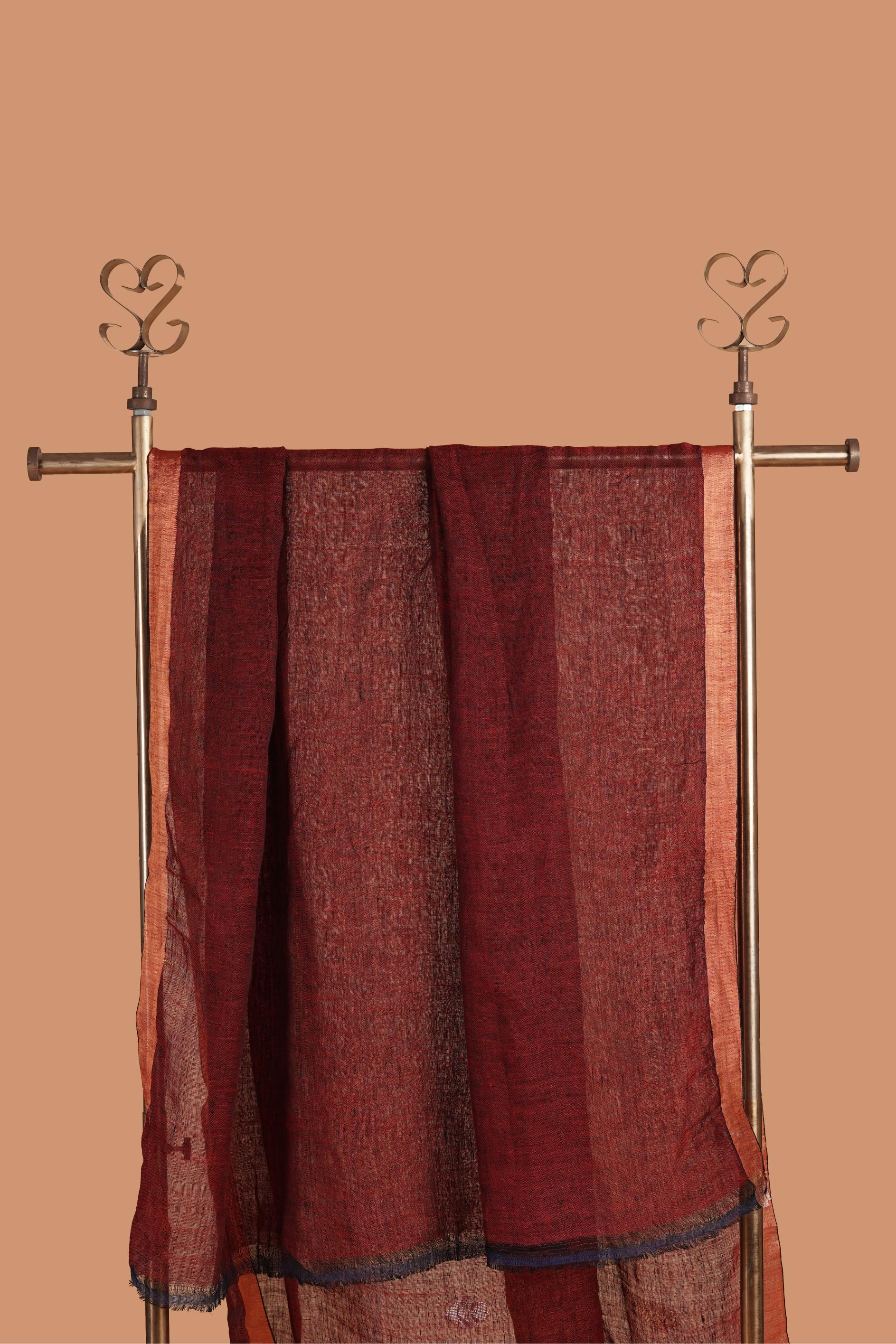 Jamdani Woven Maroon Linen Saree