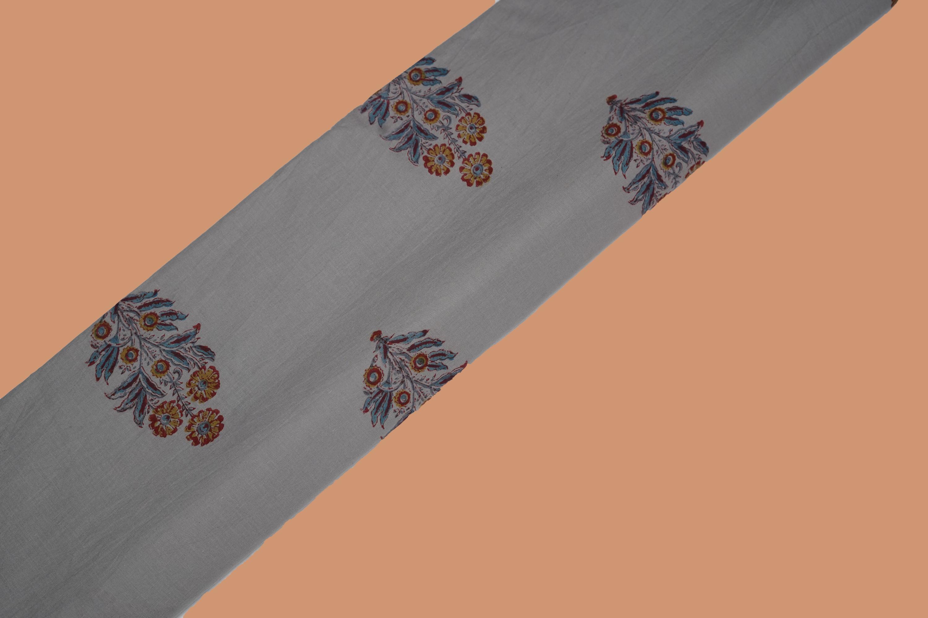 Grey pure cotton Jaipuri fabric with beautiful multi color floral block print design
