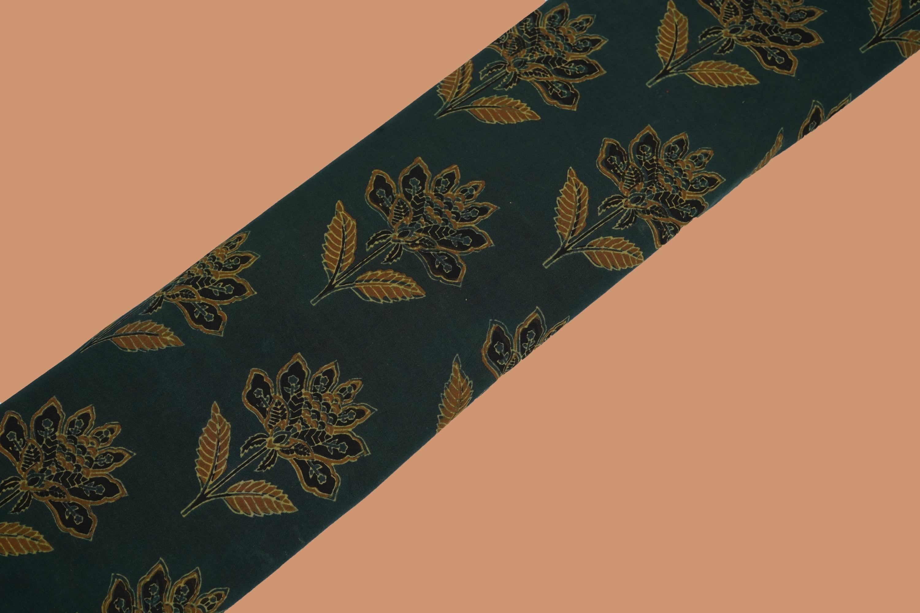 Dark Green pure cotton Jaipuri fabric with beautiful floral block print design