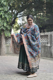 Classic Kalamkari Floral Hand Printed Mangalagiri Silk Cotton Dupatta with Golden Zari Border