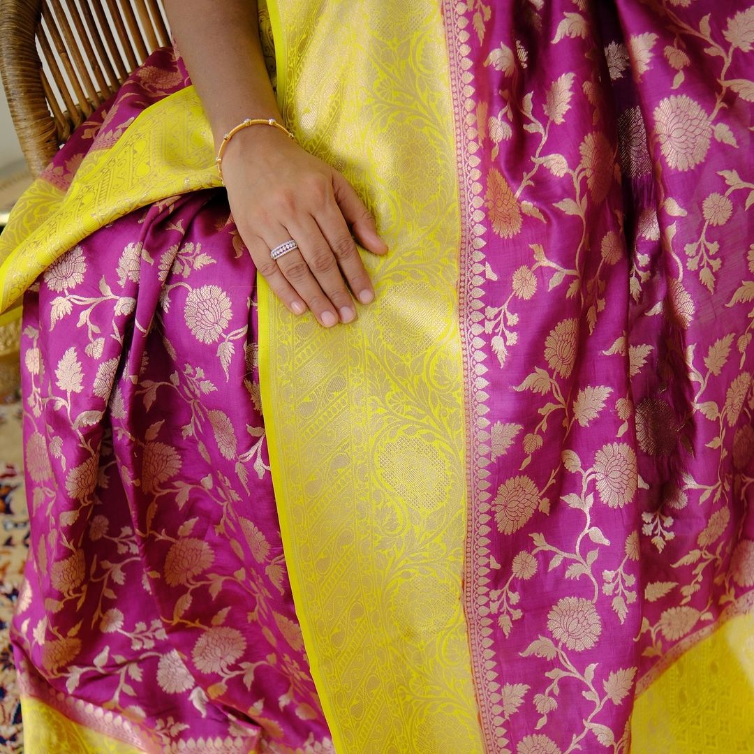 Lemon Yellow and Purple Royal Banarasi Silk Saree with Silver Zari Work on Pallu and Border