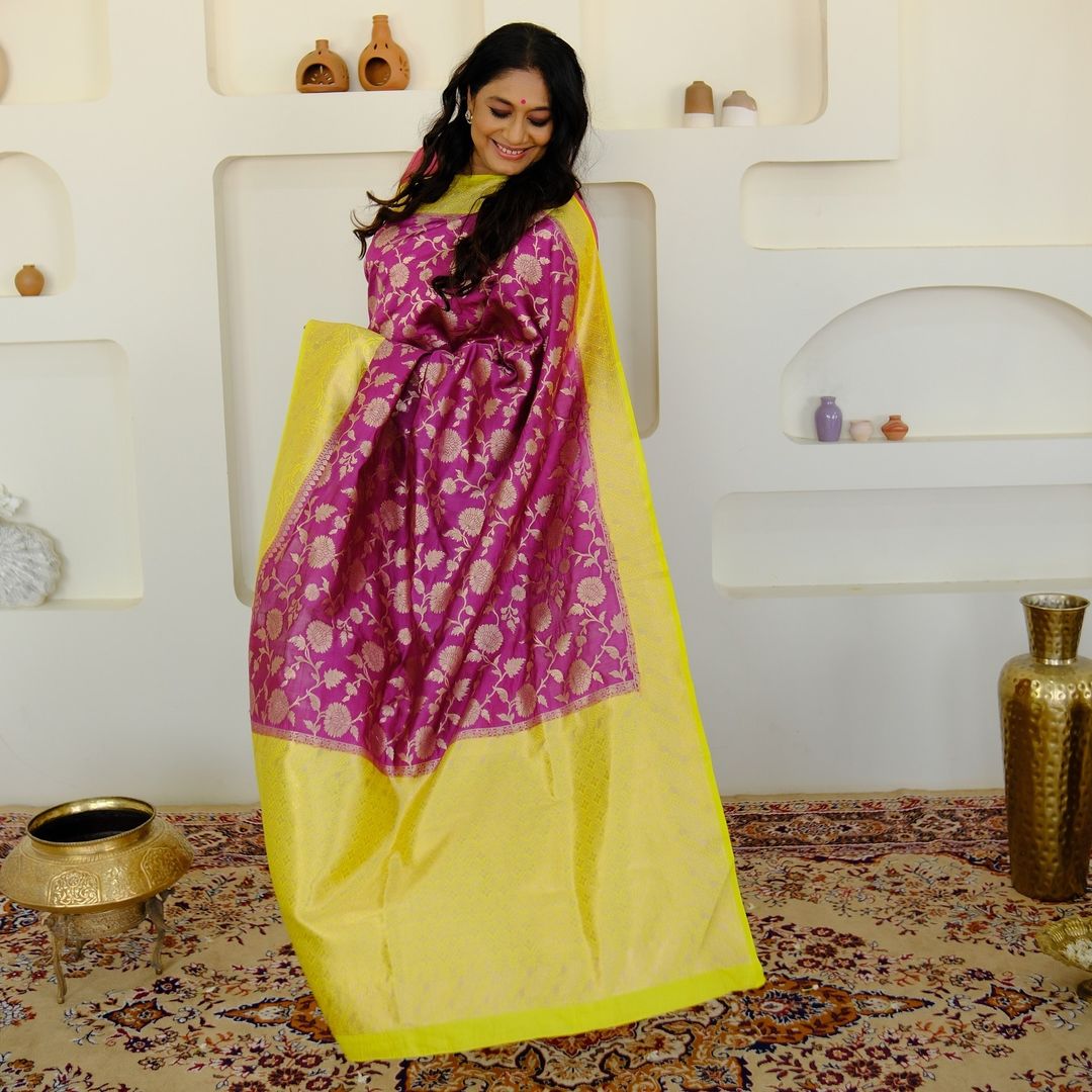 Lemon Yellow and Purple Royal Banarasi Silk Saree with Silver Zari Work on Pallu and Border